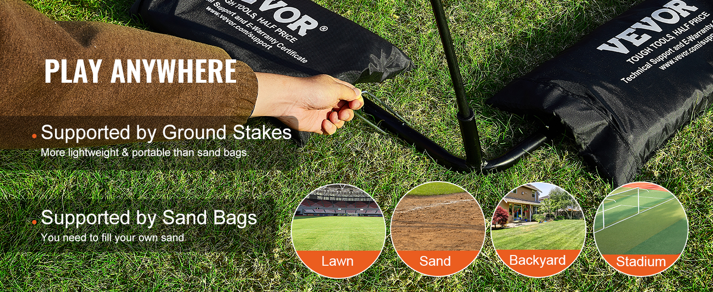 play anywhere with VEVOR baseball net; supported by lightweight ground stakes or fillable sandbags in various terrains.