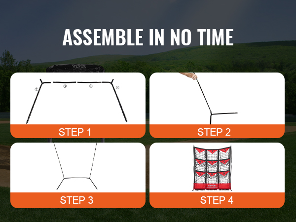 VEVOR baseball net assembly steps with carrying case on a baseball field, showing frame and net setup.