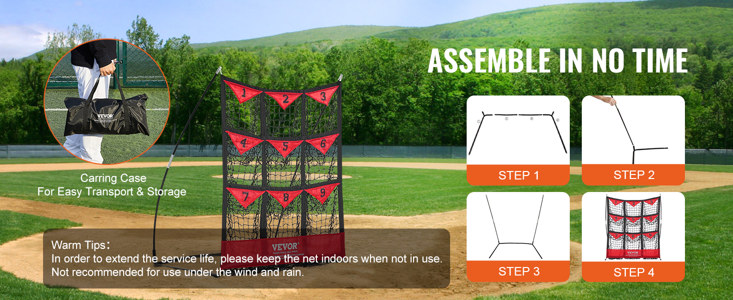 VEVOR baseball net assembly steps with carrying case on a baseball field, showing frame and net setup.