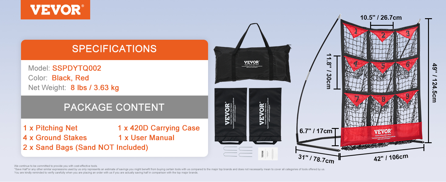 VEVOR baseball net model sspdytq002 with carrying case, ground stakes, and sand bags.