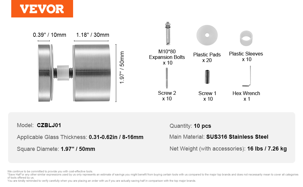 VEVOR glass clamp, sus316 stainless steel, includes expansion bolts, screws, plastic pads, hex wrench.