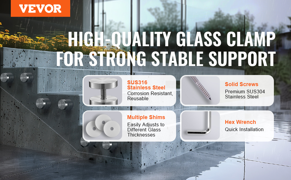 VEVOR glass clamp with sus316 stainless steel, solid screws, multiple shims, and a hex wrench.