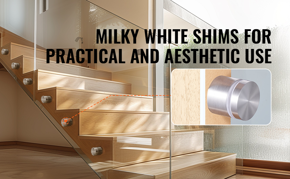 modern wooden stairs with glass railing secured by VEVOR glass clamp, highlighting milky white shims.