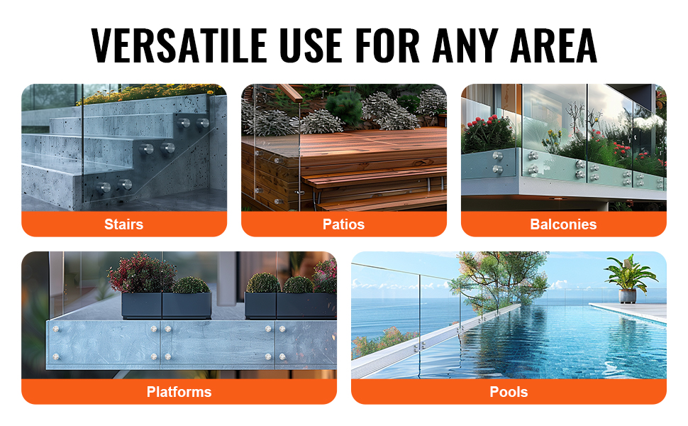 VEVOR glass clamp: stairs, patios, balconies, platforms, and pools showcasing versatile usage.