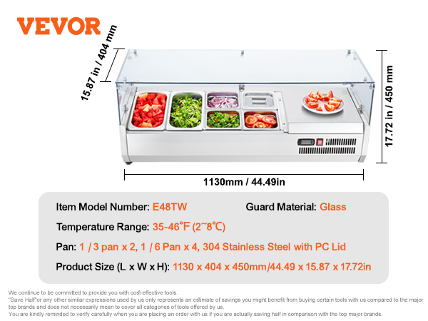 VEVOR refrigerated condiment prep station, stainless steel, glass guard, various screws and pan sizes.