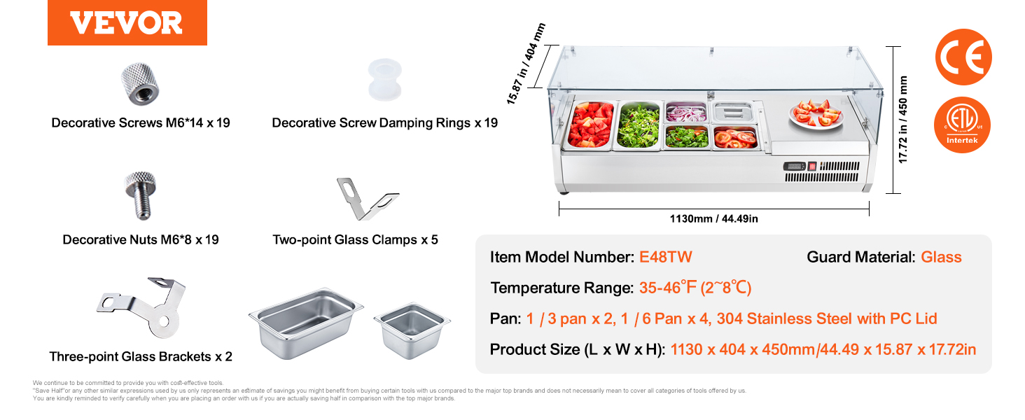 VEVOR refrigerated condiment prep station, stainless steel, glass guard, various screws and pan sizes.