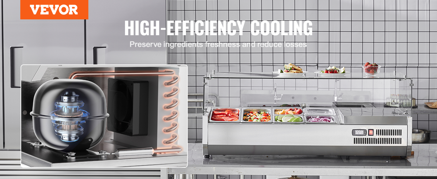VEVOR refrigerated condiment prep station with high-efficiency cooling, showcasing organized ingredients.