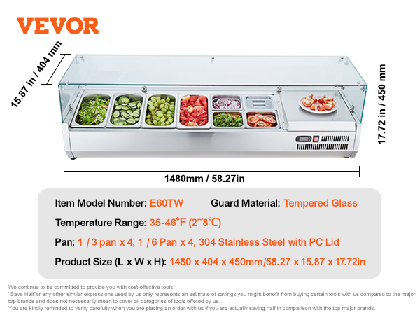 VEVOR refrigerated condiment prep station with tempered glass and various stainless steel pans.