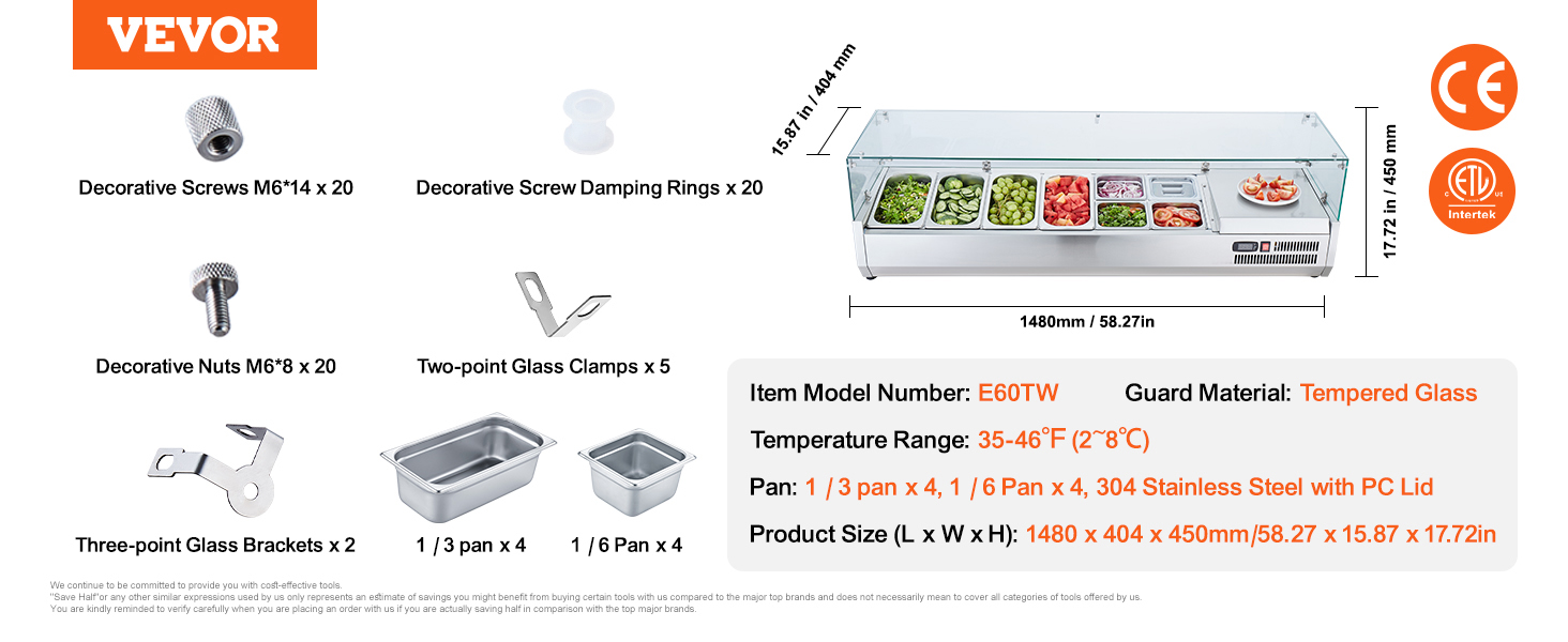 VEVOR refrigerated condiment prep station with tempered glass and various stainless steel pans.