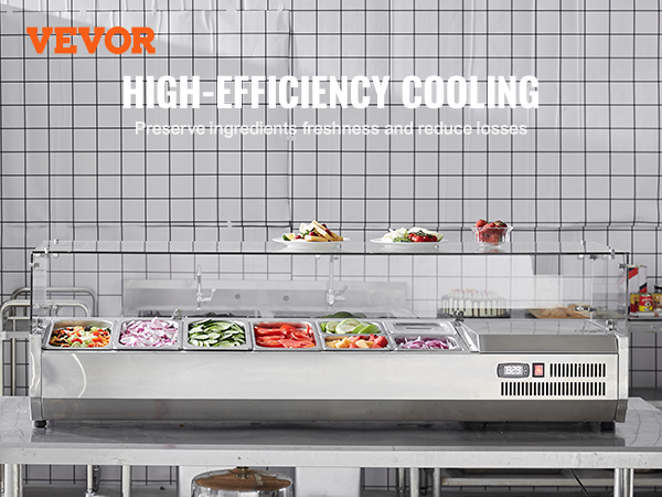 VEVOR refrigerated condiment prep station keeping fresh vegetables and ingredients organized in a stainless steel unit.