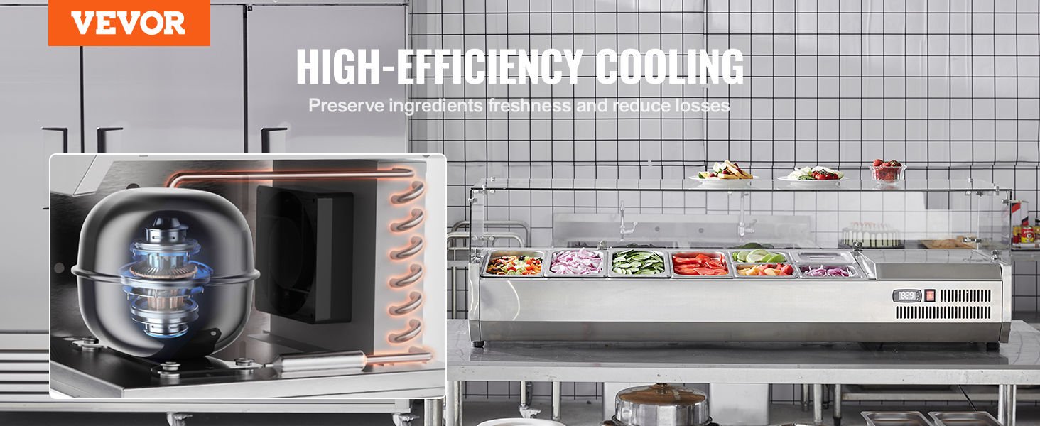 VEVOR refrigerated condiment prep station keeping fresh vegetables and ingredients organized in a stainless steel unit.