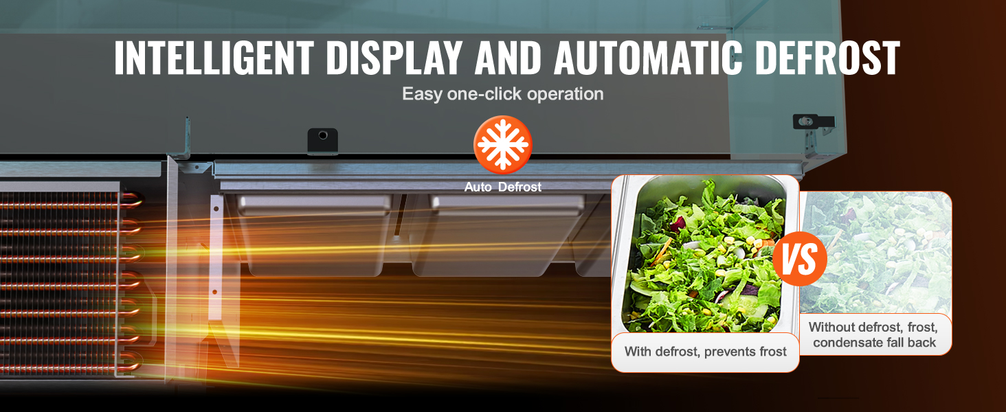 VEVOR refrigerated condiment prep station with intelligent display and automatic defrost capabilities.