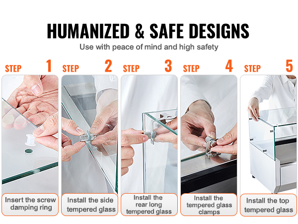 installing the glass on VEVOR refrigerated condiment prep station with steps 1 to 5 shown.