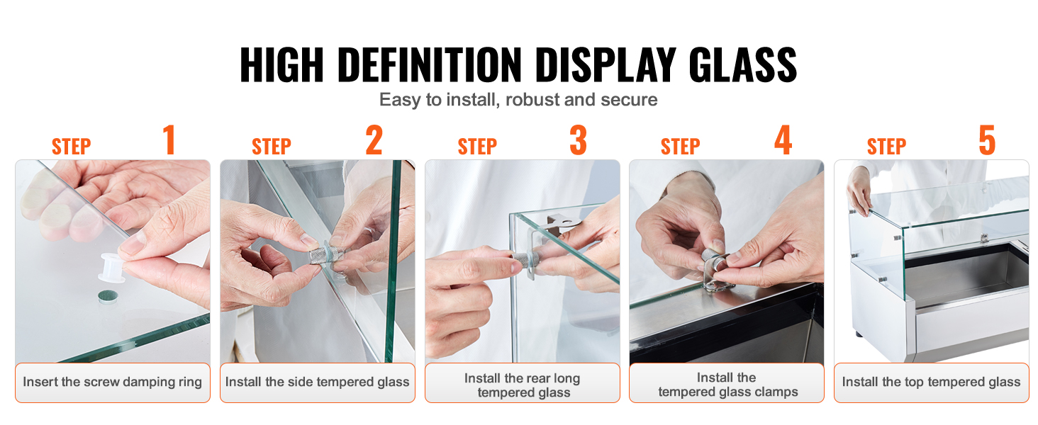 installing the glass on VEVOR refrigerated condiment prep station with steps 1 to 5 shown.
