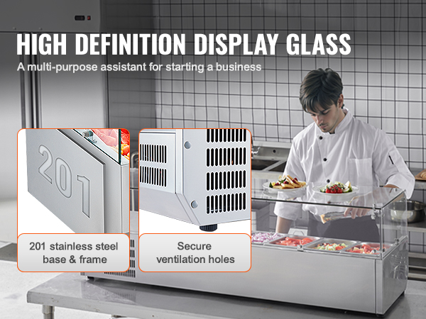VEVOR refrigerated condiment prep station with stainless steel base, secure ventilation, restaurant-ready.
