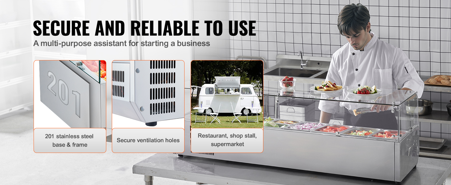 VEVOR refrigerated condiment prep station with stainless steel base, secure ventilation, restaurant-ready.