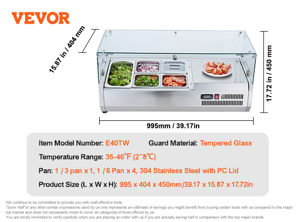 VEVOR refrigerated condiment prep station, tempered glass, 35-46°f, stainless steel pans, model e40tw.