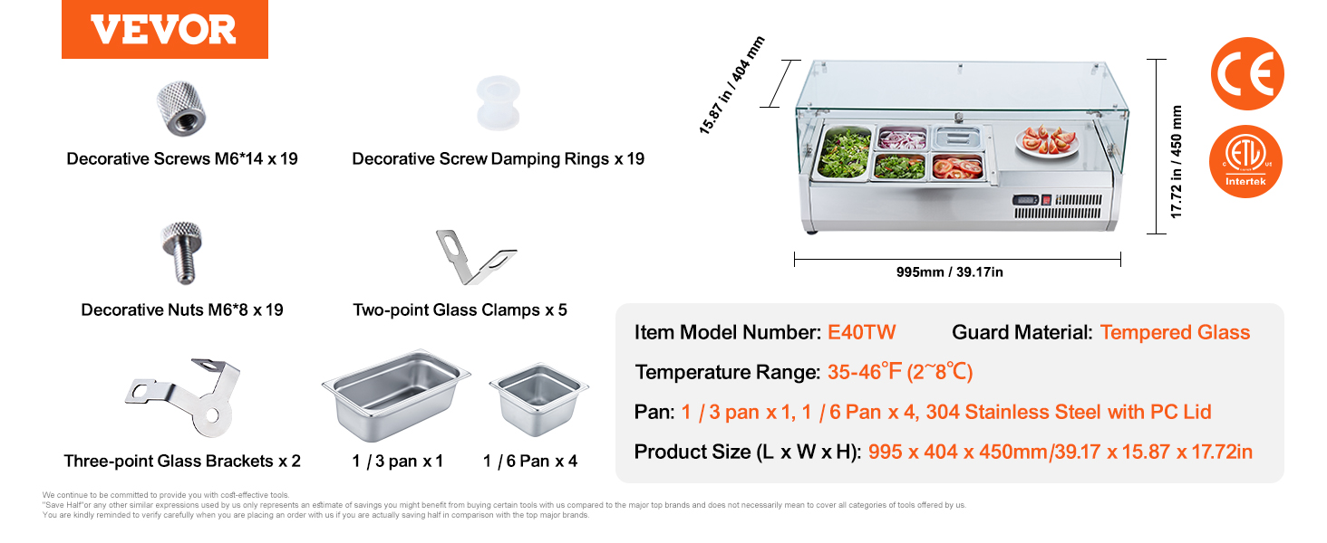 VEVOR refrigerated condiment prep station, tempered glass, 35-46°f, stainless steel pans, model e40tw.