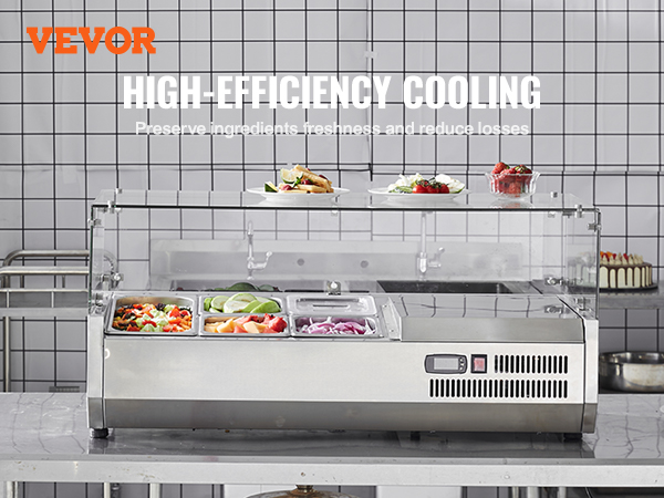 VEVOR refrigerated condiment prep station with high-efficiency cooling preserves fresh ingredients.