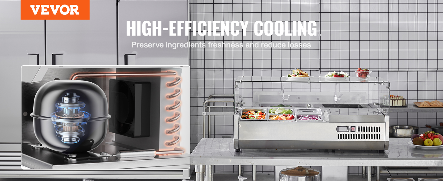 VEVOR refrigerated condiment prep station with high-efficiency cooling preserves fresh ingredients.