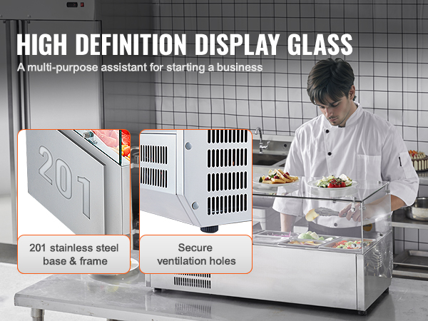 VEVOR refrigerated condiment prep station with 201 stainless steel base and secure ventilation holes.