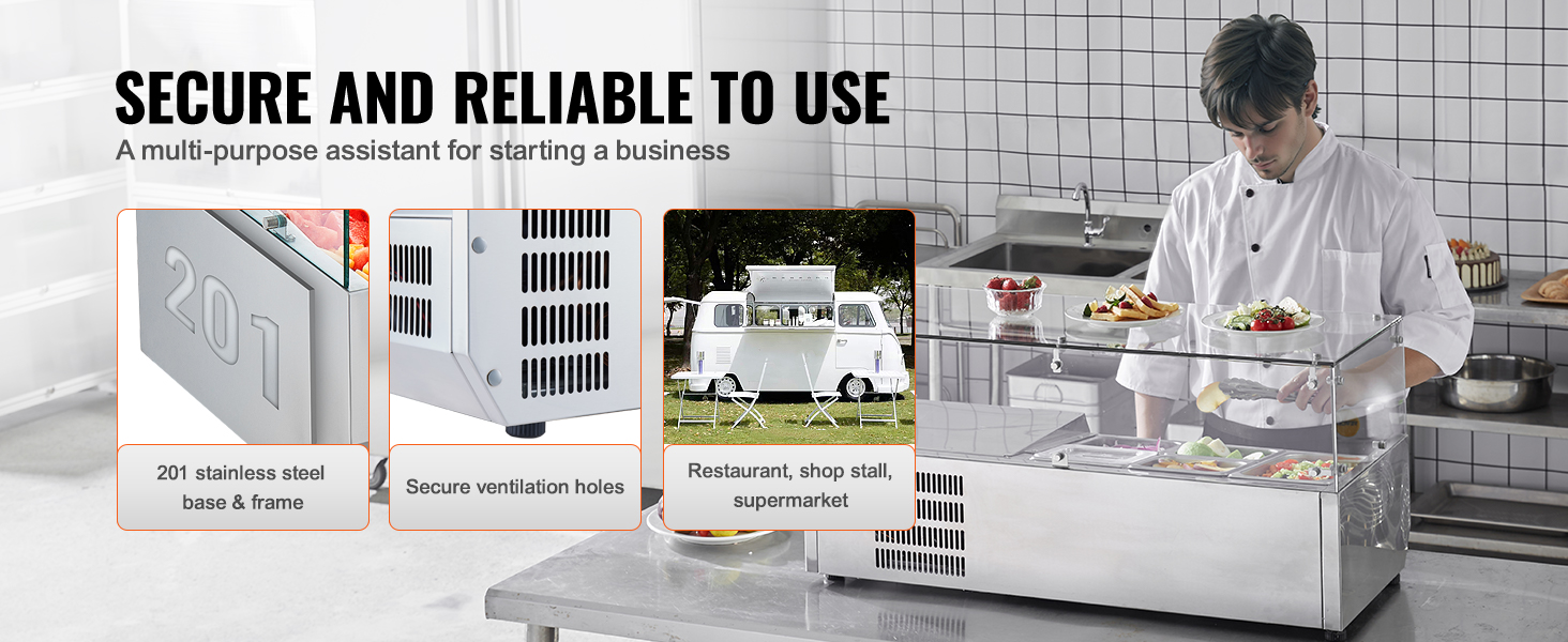 VEVOR refrigerated condiment prep station with 201 stainless steel base and secure ventilation holes.