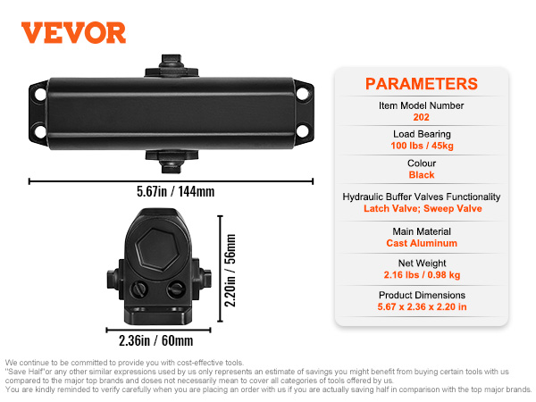 VEVOR automatic door closer, black, with load bearing 100 lbs, dimensions 5.67 x 2.36 x 2.20 in.