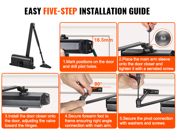 easy five-step installation guide for VEVOR automatic door closer featuring clear diagrams and instructions.