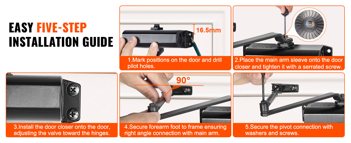 easy five-step installation guide for VEVOR automatic door closer featuring clear diagrams and instructions.