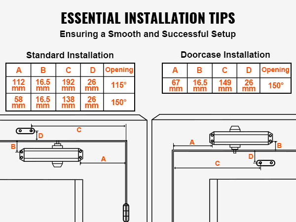 essential installation tips for standard and doorcase setups of VEVOR automatic door closer.