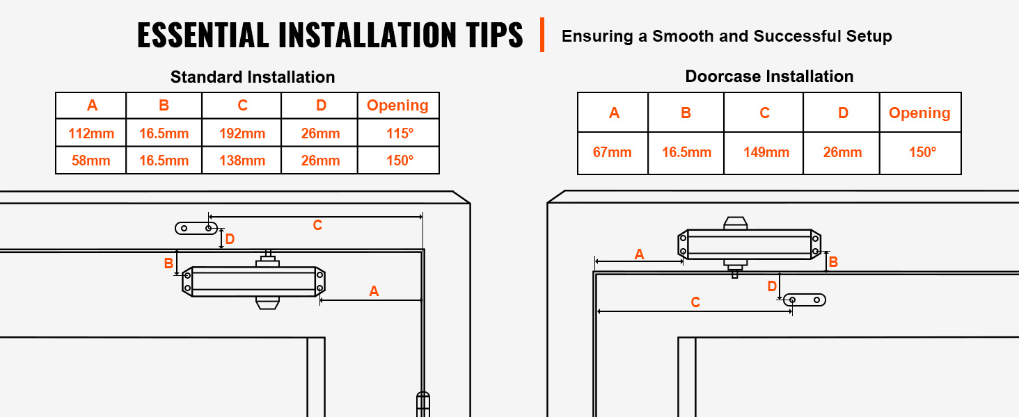 essential installation tips for standard and doorcase setups of VEVOR automatic door closer.