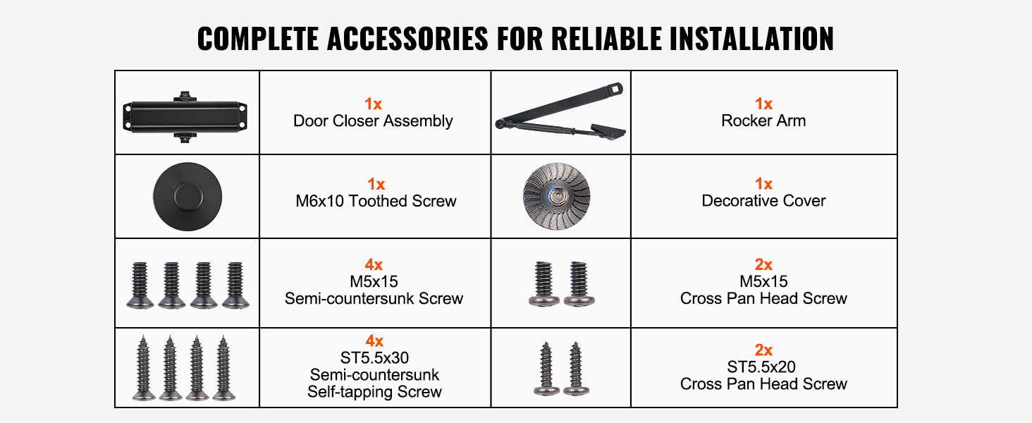 complete accessories for reliable installation of VEVOR automatic door closer with assembly parts.