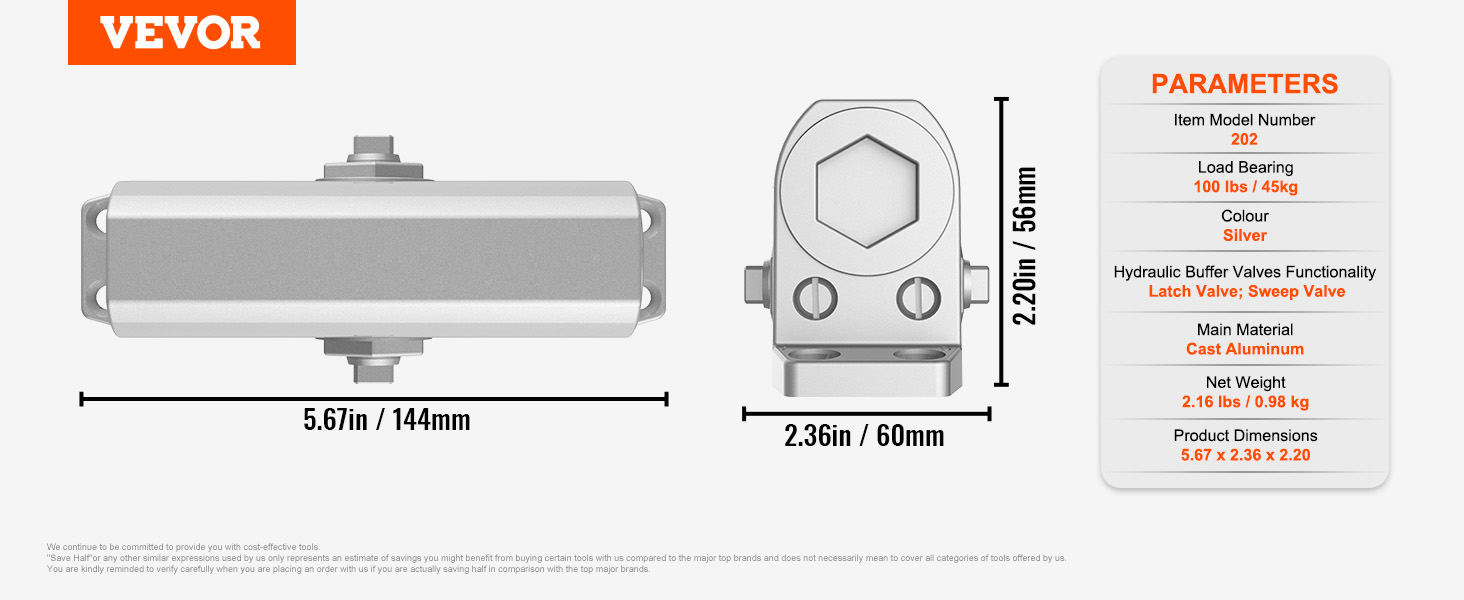 VEVOR door closer, cast aluminum in silver, dimensions 5.67 x 2.36 x 2.20 inches, load bearing 100 lbs.
