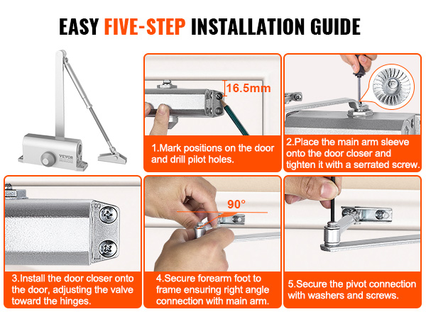 VEVOR door closer easy five-step installation guide with diagram and instructions for setup.
