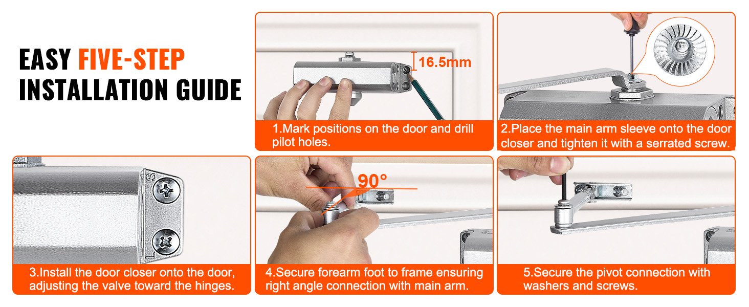 VEVOR door closer easy five-step installation guide with diagram and instructions for setup.