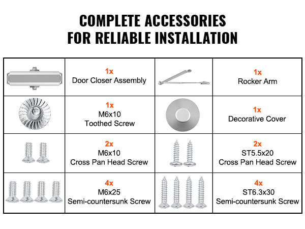complete VEVOR door closer installation kit with screws, rocker arm, and decorative cover.