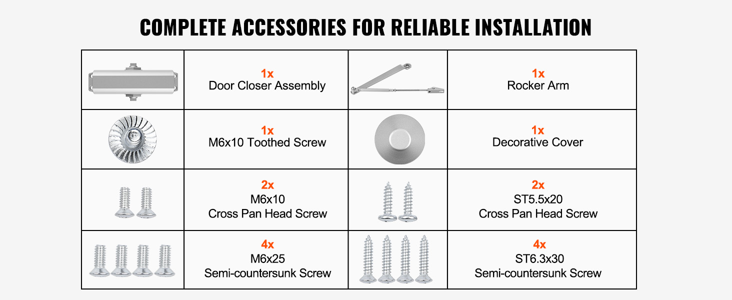 complete VEVOR door closer installation kit with screws, rocker arm, and decorative cover.