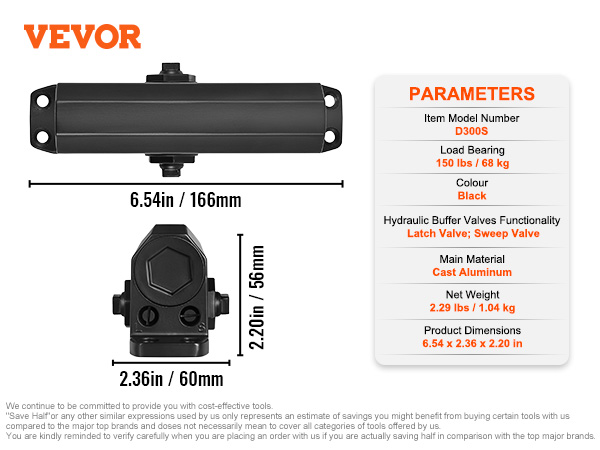 VEVOR door closer, model d300s, dimensions 6.54x2.36x2.20 inches, black cast aluminum, 150 lbs load.