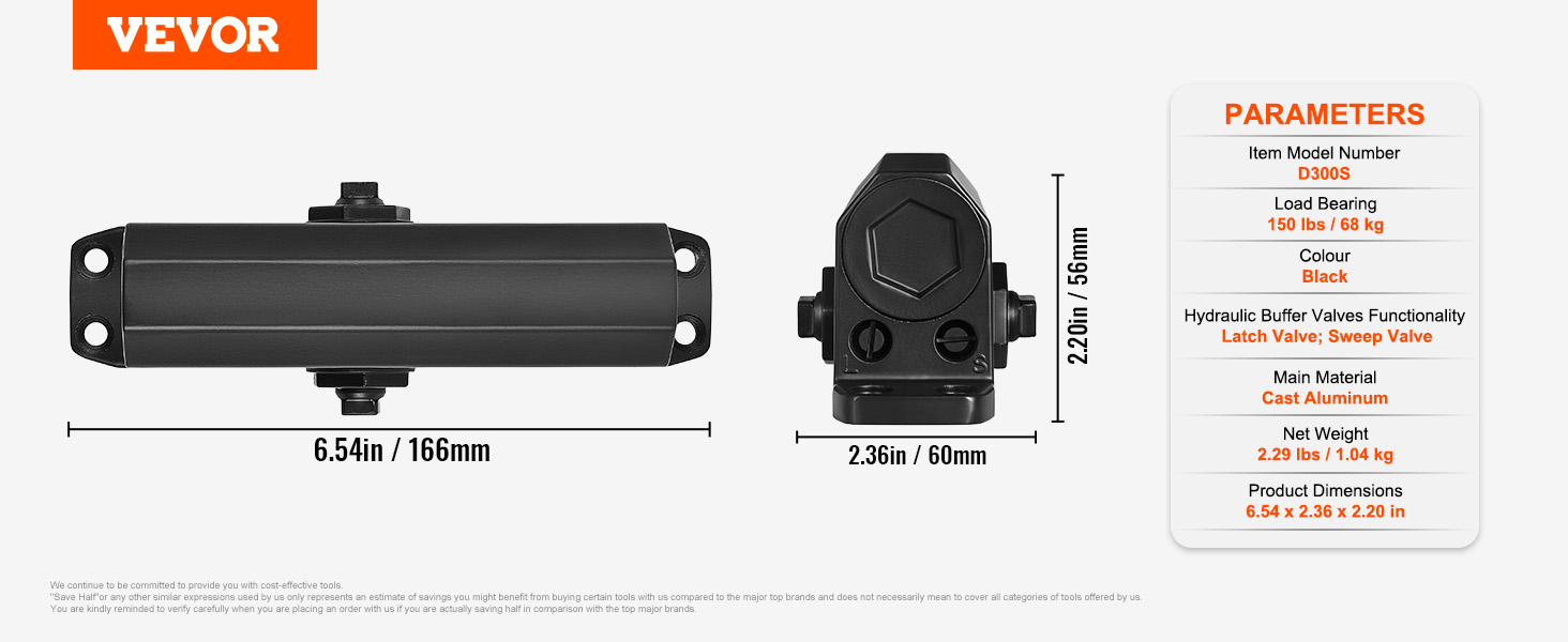 VEVOR door closer, model d300s, dimensions 6.54x2.36x2.20 inches, black cast aluminum, 150 lbs load.