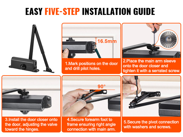 easy five-step installation guide for VEVOR door closer, showing detailed steps with images and instructions.