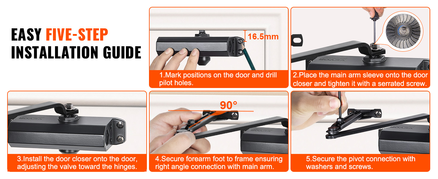 easy five-step installation guide for VEVOR door closer, showing detailed steps with images and instructions.