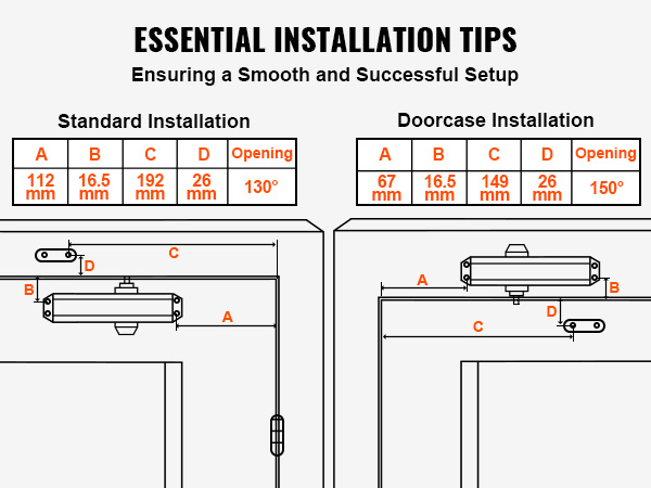 essential installation tips for VEVOR door closer with standard and doorcase measurements.