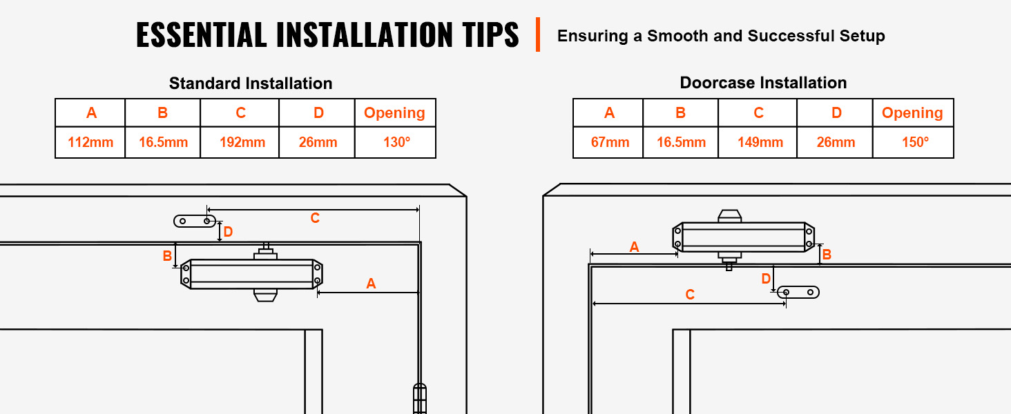 essential installation tips for VEVOR door closer with standard and doorcase measurements.