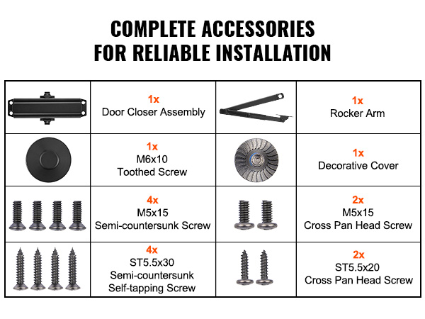 complete accessories kit for VEVOR door closer: assembly, rocker arm, screws, and decorative cover.