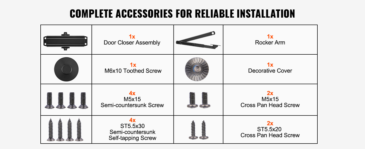 complete accessories kit for VEVOR door closer: assembly, rocker arm, screws, and decorative cover.