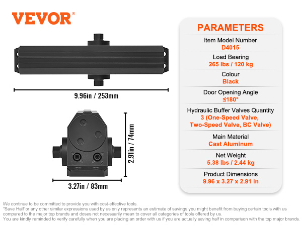 VEVOR door closer d4015, black cast aluminum, 265 lbs load bearing, 180° door angle, dimensions included.