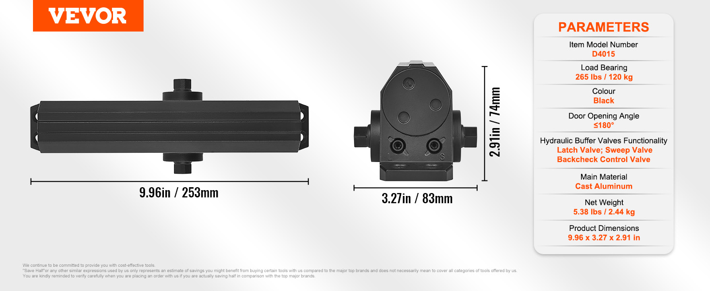 VEVOR door closer d4015, black cast aluminum, 265 lbs load bearing, 180° door angle, dimensions included.