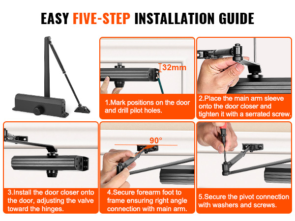 easy five-step installation guide for VEVOR door closer with images showing each installation step.