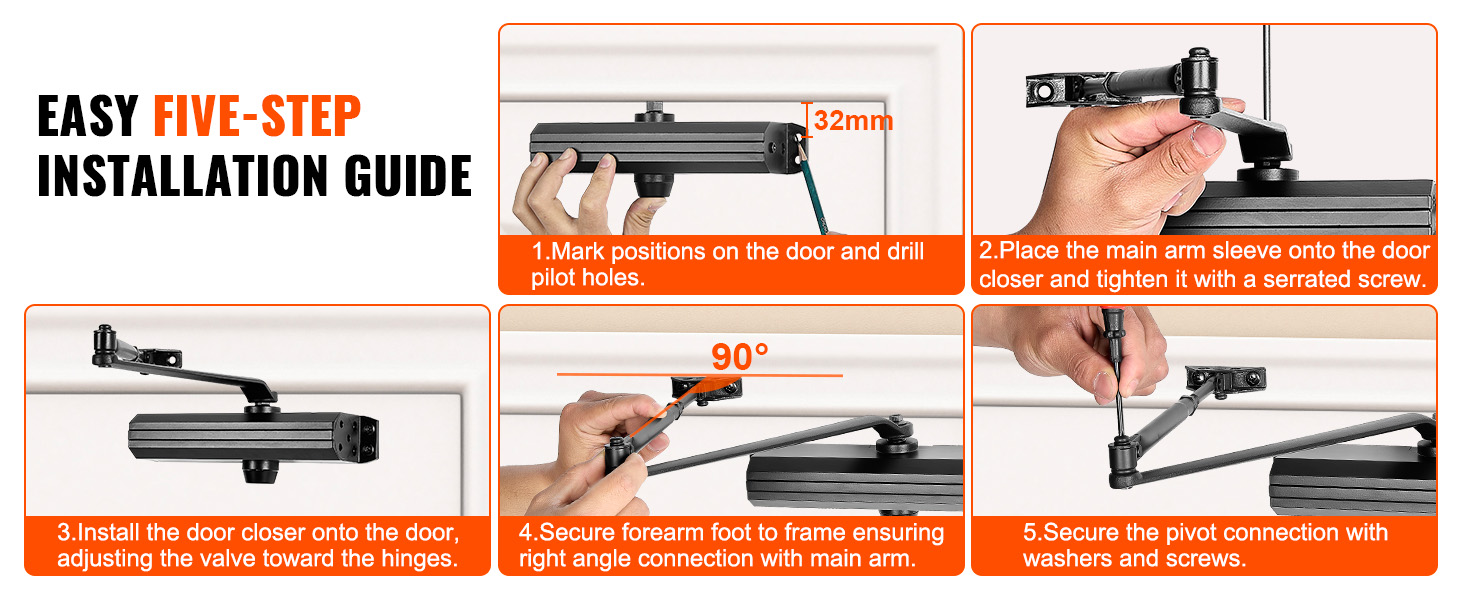 easy five-step installation guide for VEVOR door closer with images showing each installation step.