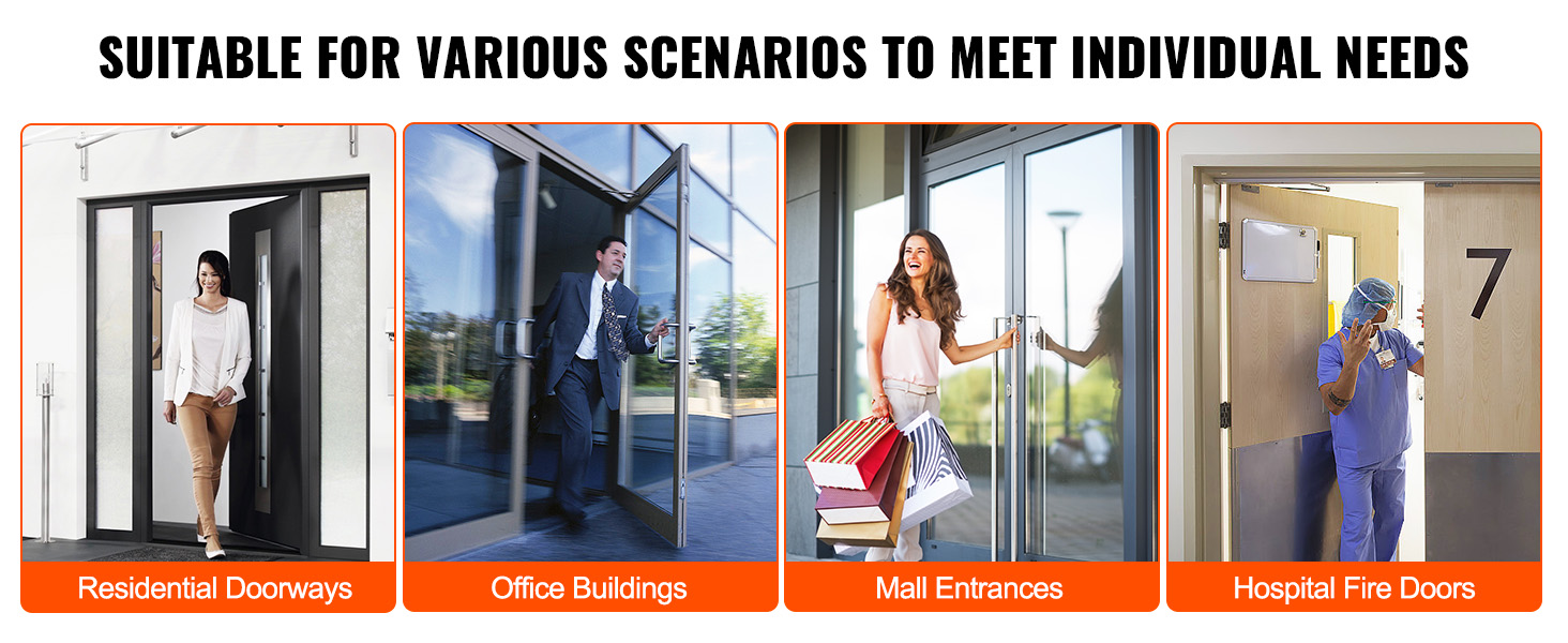 VEVOR door closer for residential doorways, office buildings, mall entrances, and hospital fire doors.